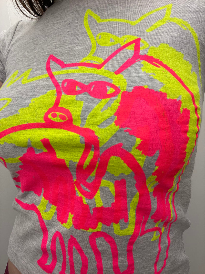 Gray t-shirt with a colorful fox design on the back