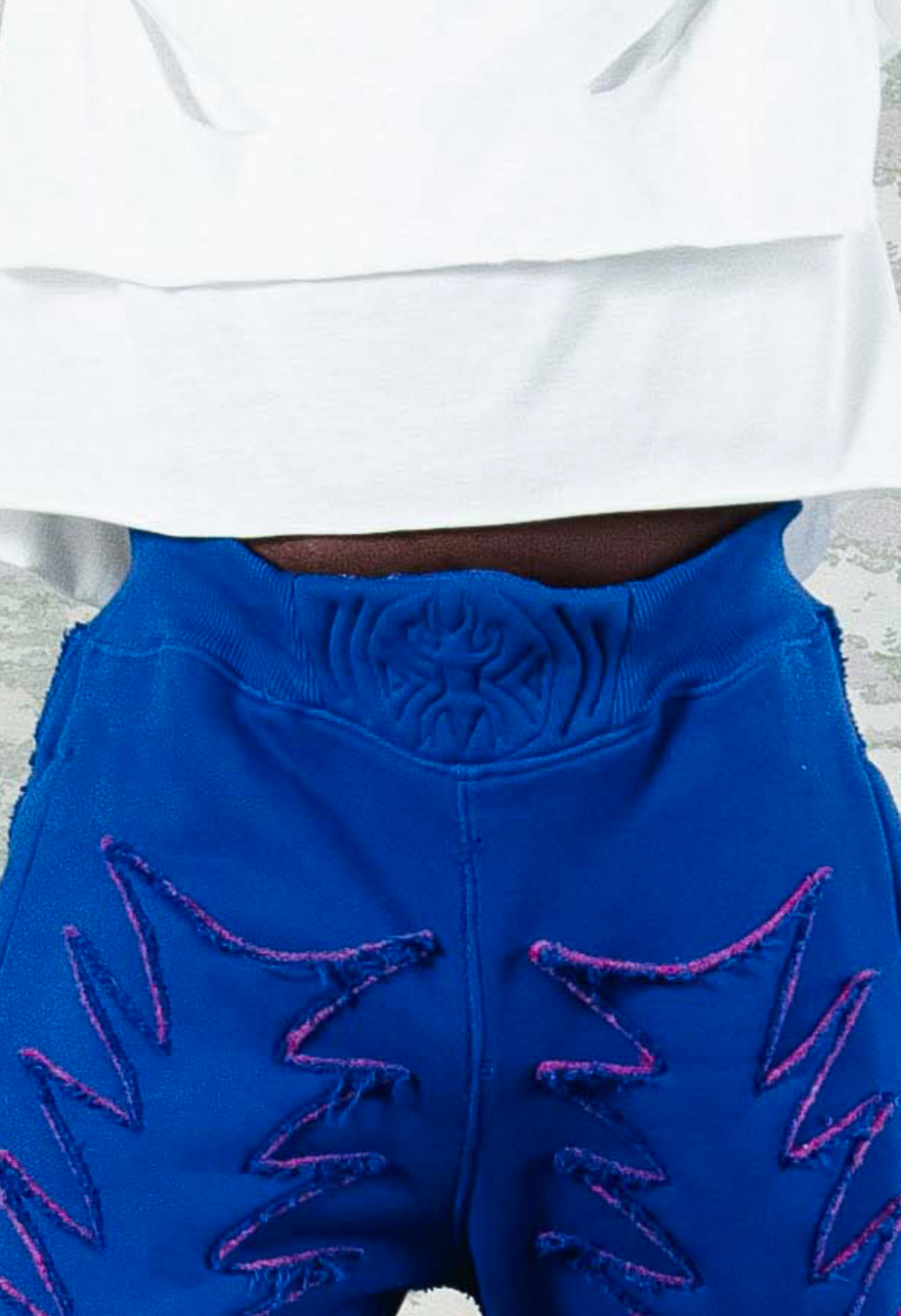 Close-up of electric blue pants with intricate embroidered waistband design and bold purple zigzag stitching – showcasing craftsmanship and statement detailing