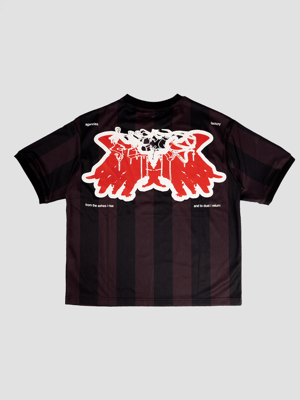 Black and dark red striped T-shirt featuring a bold graphic on the back with abstract, wing-like shapes in red and white. The text surrounding the graphic reads, 'from the ashes I rise and to dust I return,' adding a poetic, reflective element to the design. The shirt blends streetwear style with artistic and symbolic imagery.