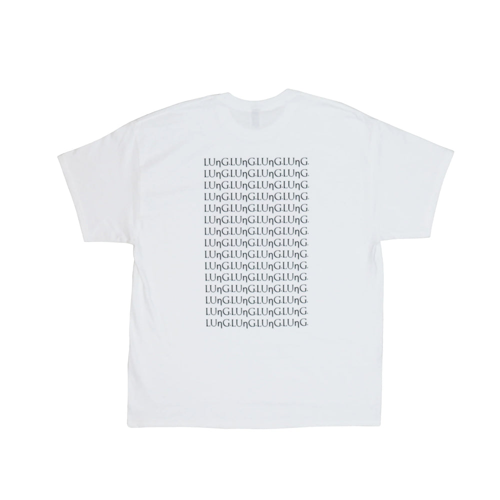 Back view of a white T-shirt featuring a repeated pattern of the word 'LUNG' in a vertical block format. The design creates a visually striking effect with minimalist text, adding a modern, conceptual element to the shirt.