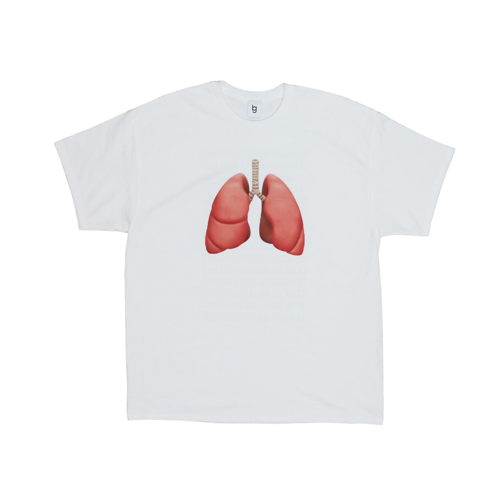 White T-shirt featuring a centered graphic of anatomically detailed lungs in a soft red tone. The simple design with a focus on the lungs creates a striking, minimalist look that combines medical illustration with modern streetwear aesthetics.