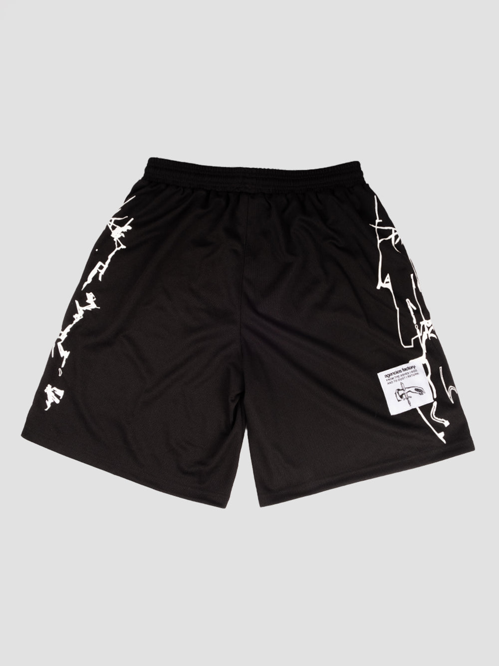 Black athletic shorts featuring white abstract line graphics along the sides and a branded patch on the lower right leg. The design combines a minimalist aesthetic with bold, modern detailing, perfect for casual or active wear.