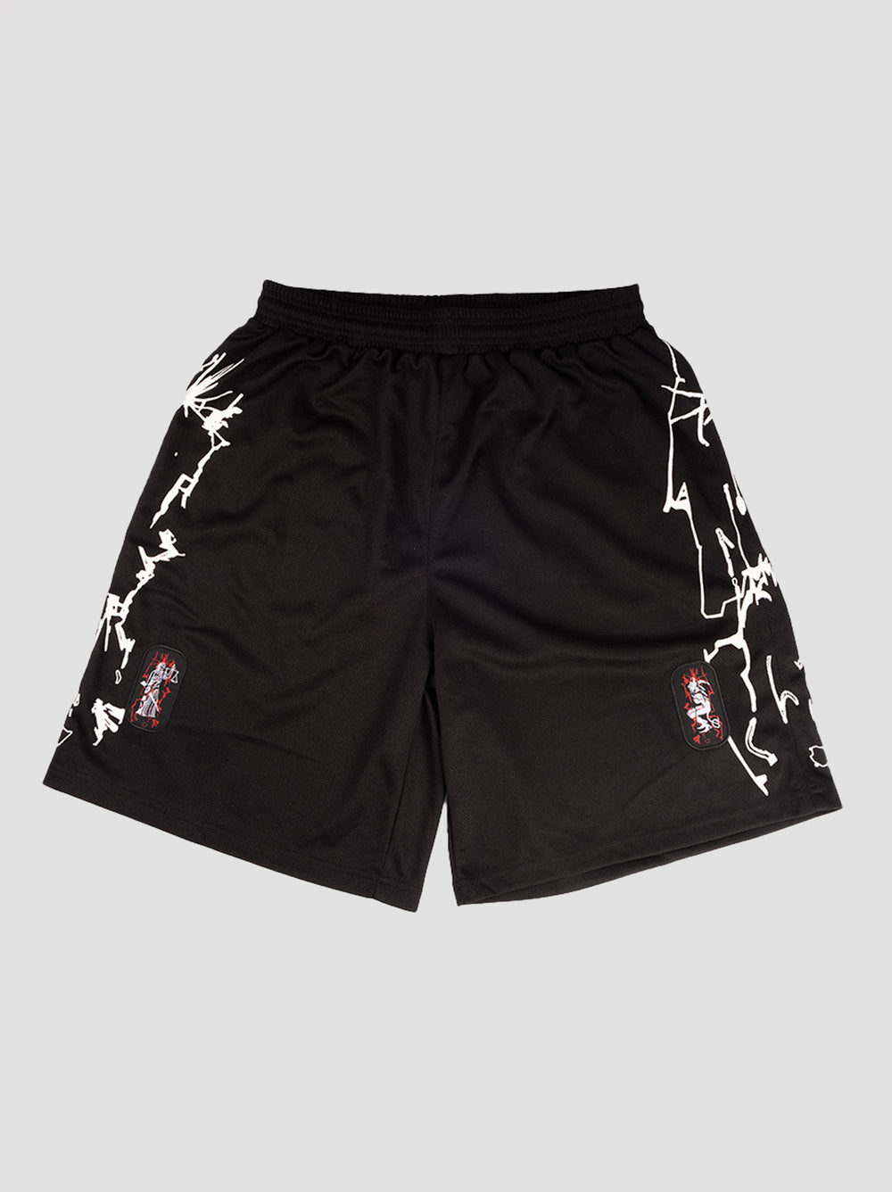 Black athletic shorts with white abstract line graphics on both sides and a small embroidered patch on each leg, adding subtle detail. The design offers a minimalist yet edgy look, ideal for both active and casual wear