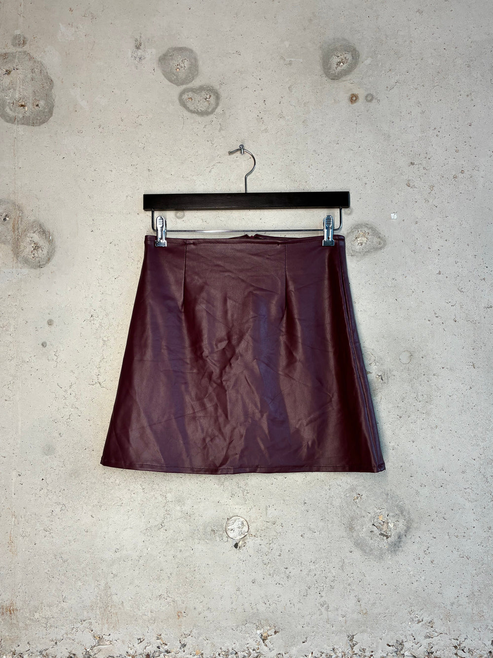 Burgundy Tellavision Desire Leather Skirt with clean A-line mini silhouette