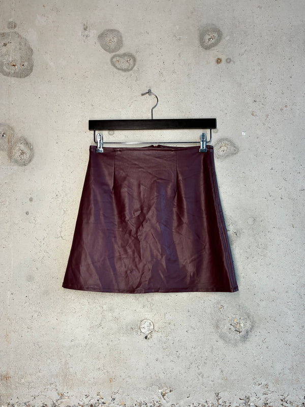 Burgundy Tellavision Desire Leather Skirt with clean A-line mini silhouette