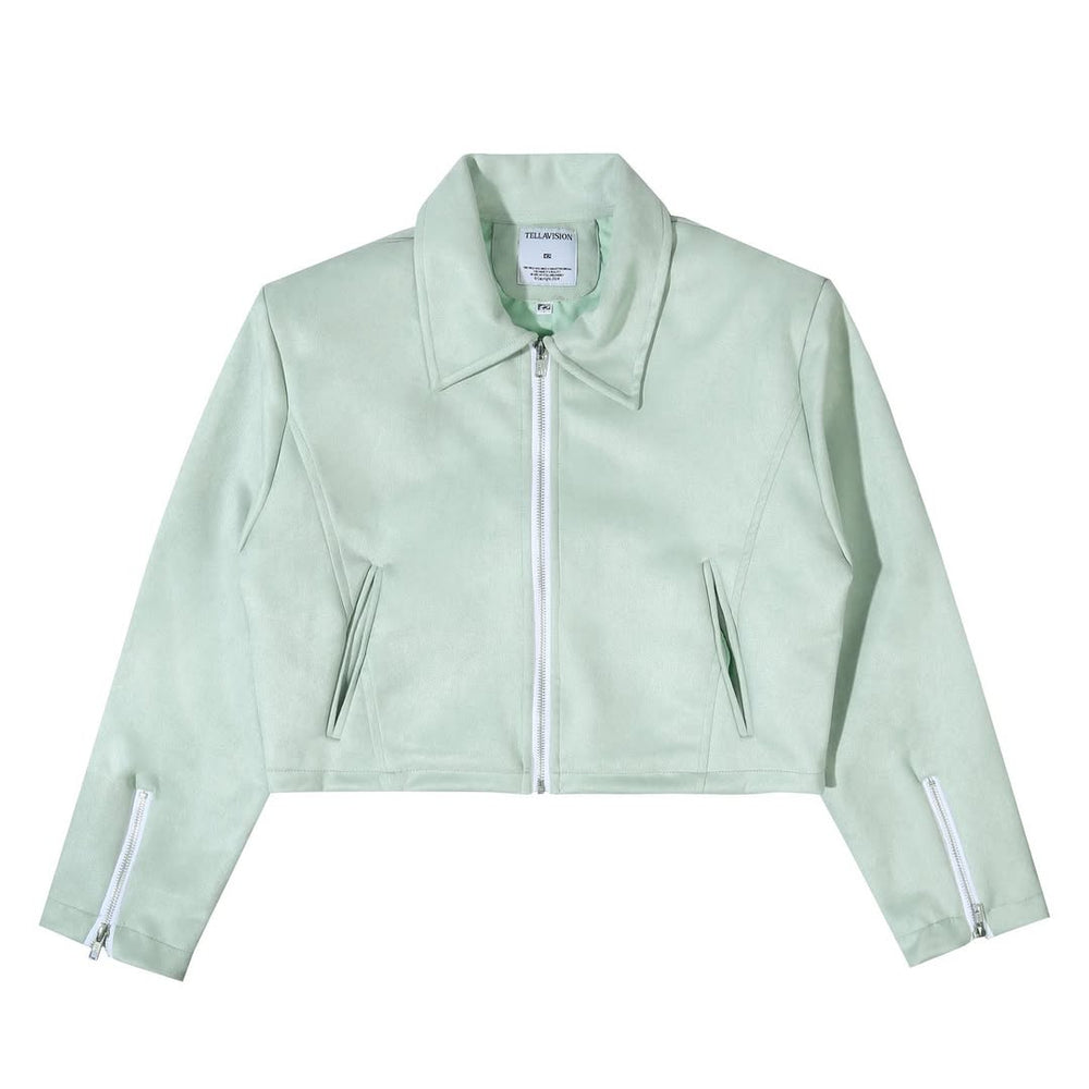 Front view of Tellavision mint suede cropped zip jacket