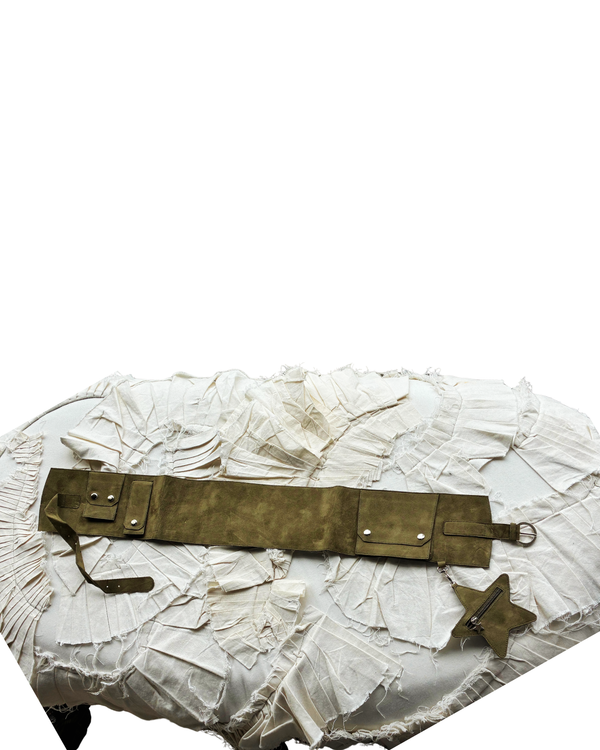 Full length olive suede utility belt by Tellavision with detachable compartments