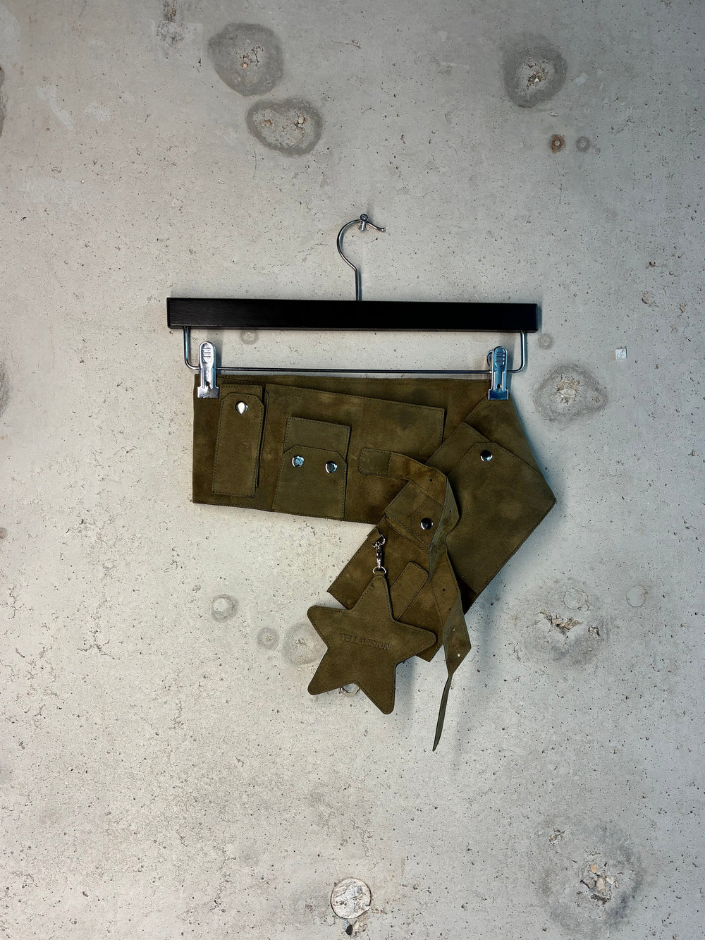 Khaki suede Tellavision utility belt with silver hardware and star pouch