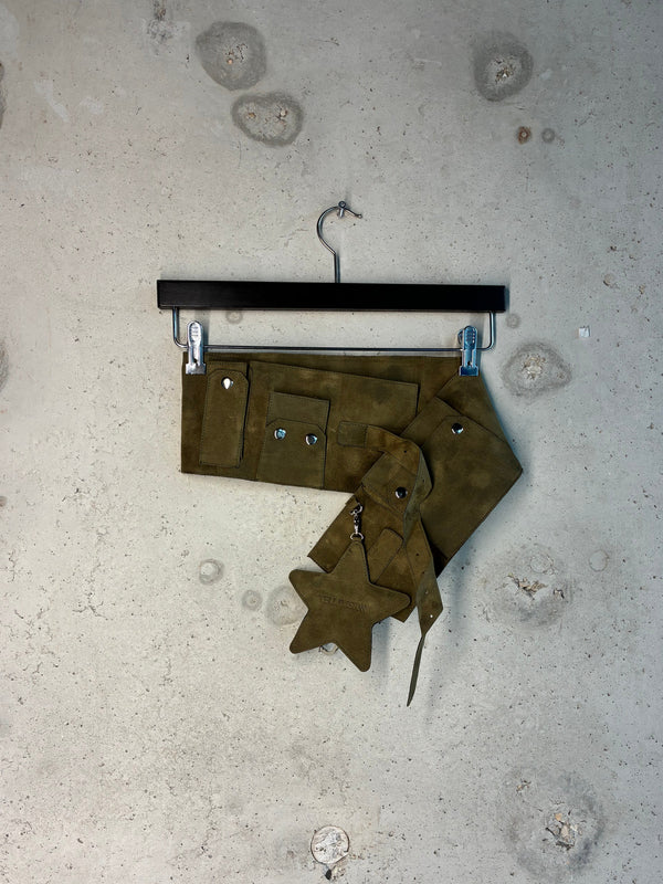 Khaki suede Tellavision utility belt with silver hardware and star pouch