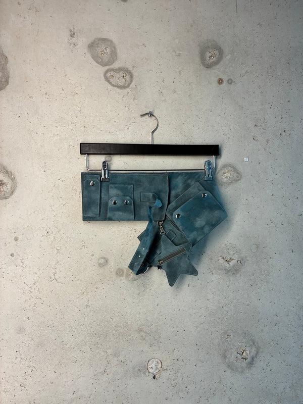 Blue washed suede Tellavision U.S.B utility belt with detachable star pouch