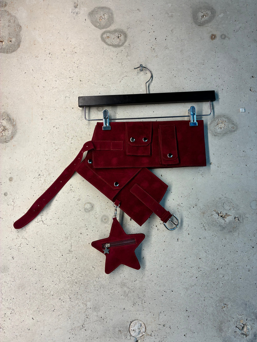 Red suede Tellavision utility belt with star pouch and silver hardware