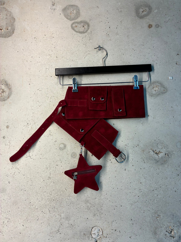 Red suede Tellavision utility belt with star pouch and silver hardware