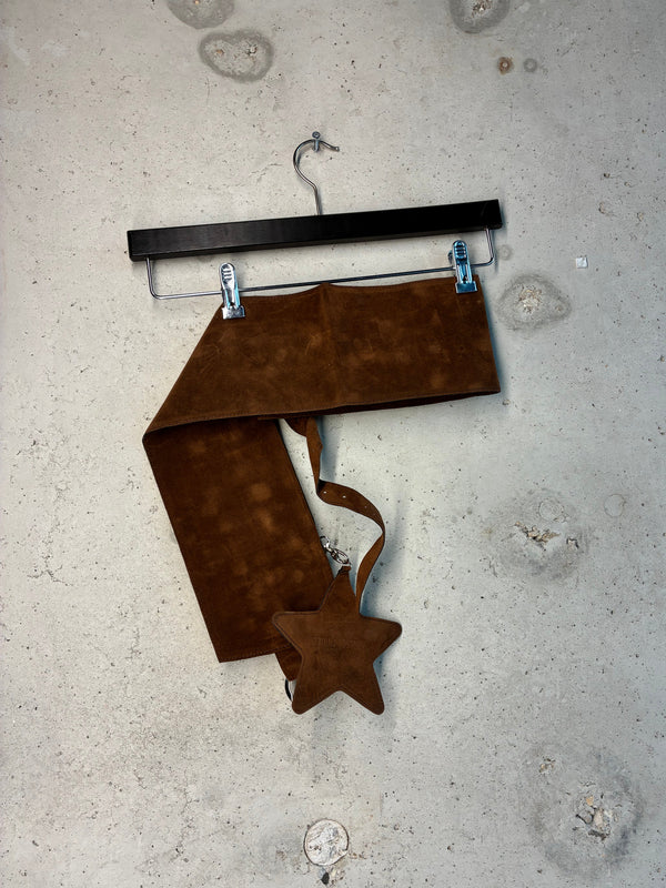 Back view of brown Tellavision U.S.B utility belt with star pouch