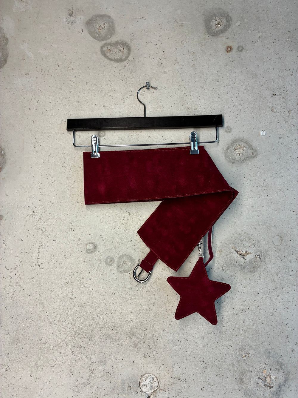 ack view of red Tellavision U.S.B suede belt accessory