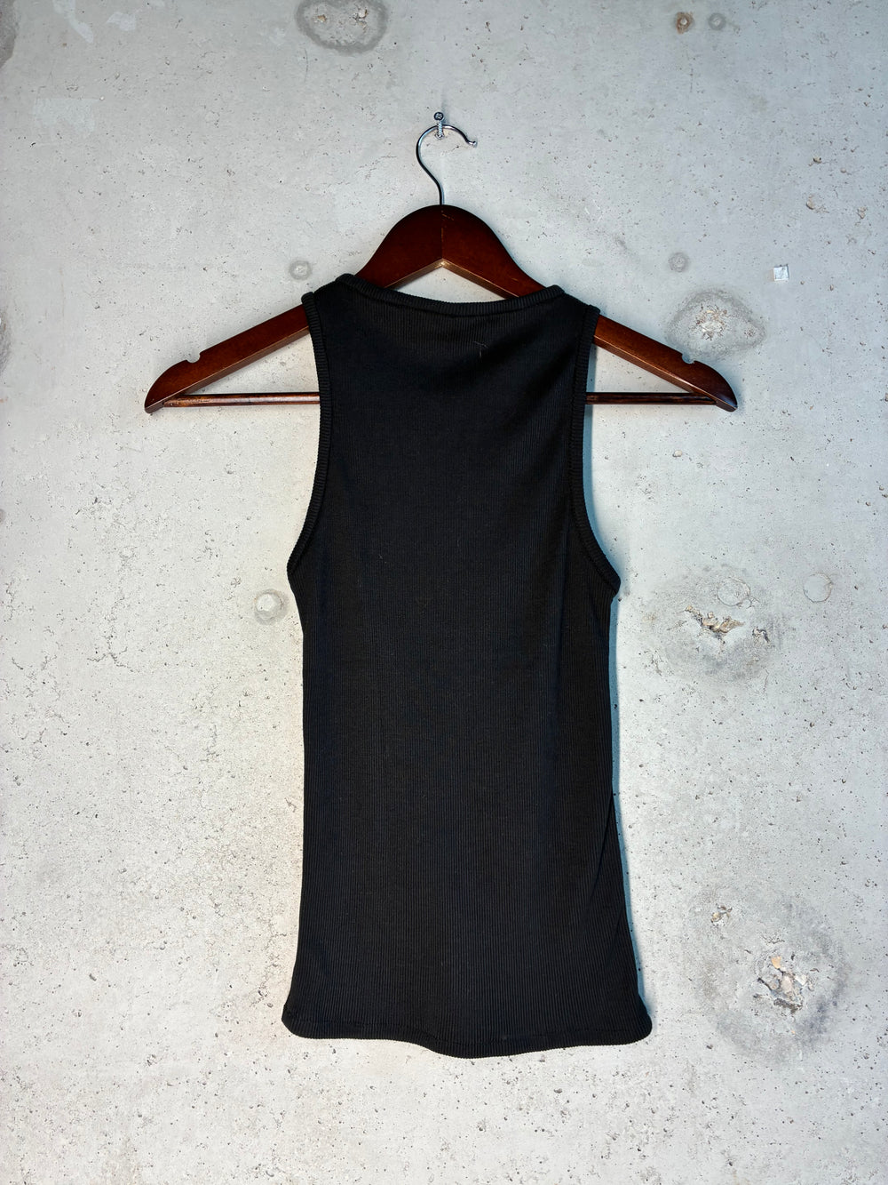 Back view of black ribbed Tellavision Wishes Tank