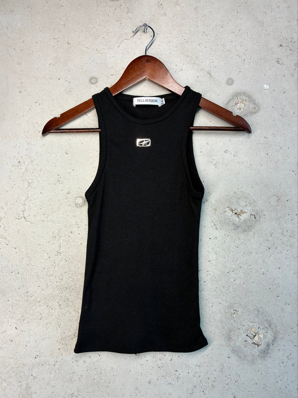 Black ribbed Tellavision Wishes Tank with metal logo detail