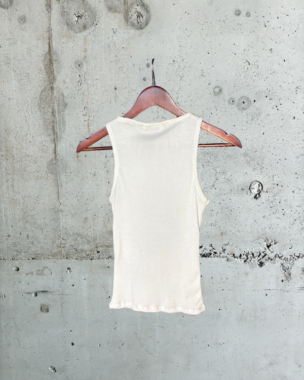 Back view of cream ribbed Tellavision Wishes Tank