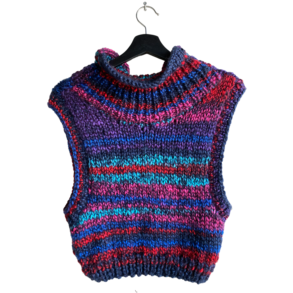 Purple, pink and red turtle-neck vest by Mondo Trasho — back view