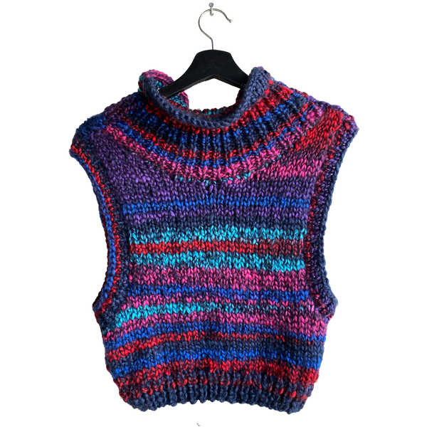 Purple, pink and red turtle-neck vest by Mondo Trasho — back view