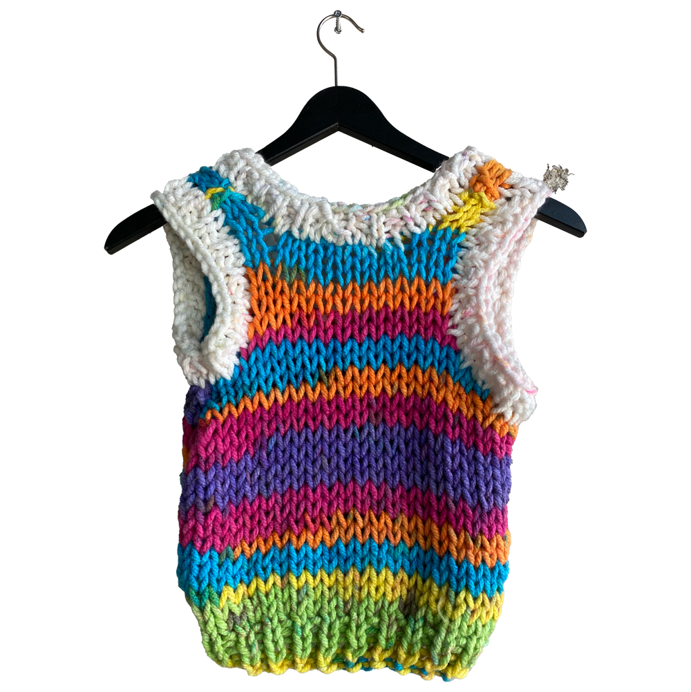 V-neck rainbow knitted vest by Mondo Trasho — back view