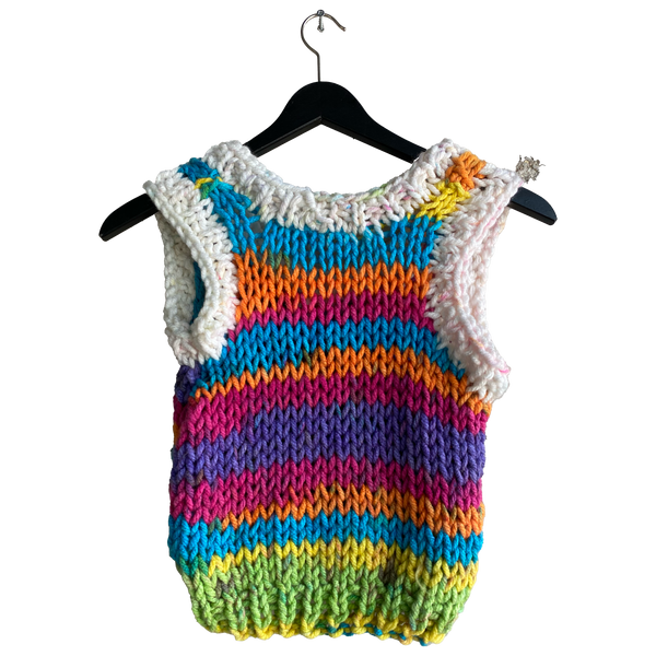 V-neck rainbow knitted vest by Mondo Trasho — back view