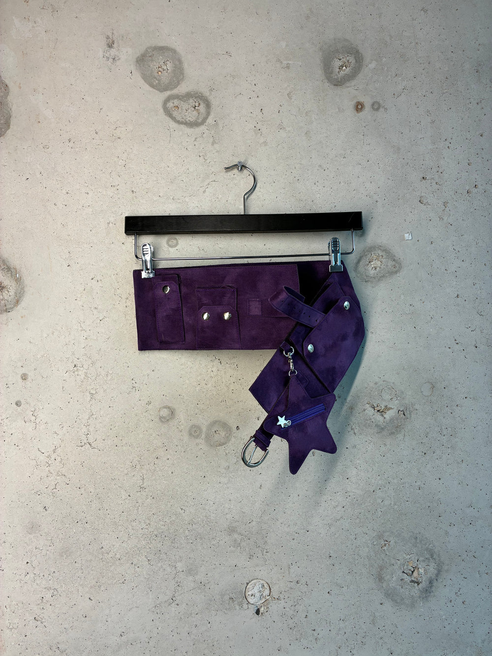 Front view of Tellavision Grape U.S.B purple suede utility belt with detachable star pouch